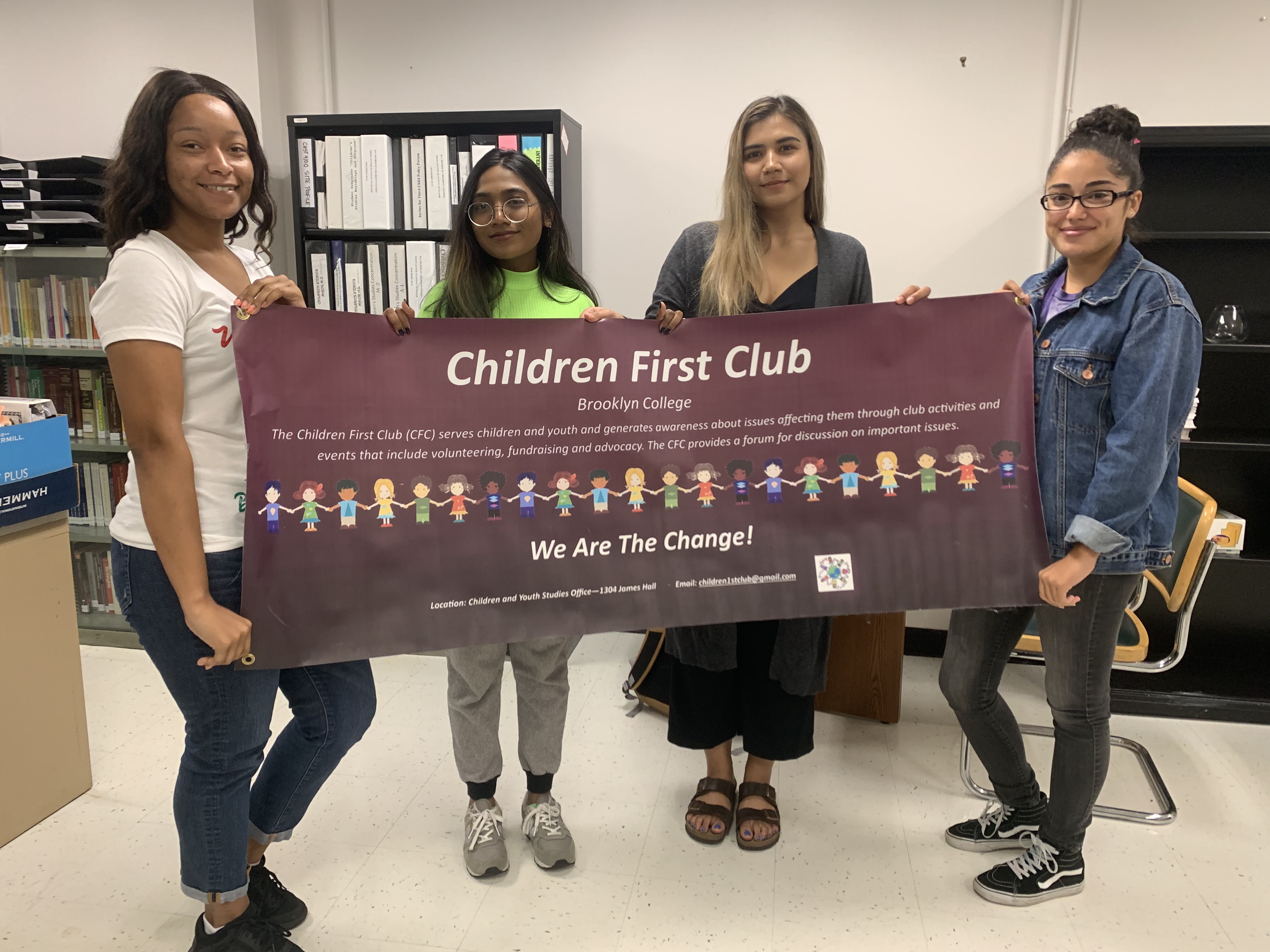 Children First Club Members: Zekiiyah (Vice President & Club Connector), Parapar (Treasurer), Dayana (President), and Jacqueline (Secretary)