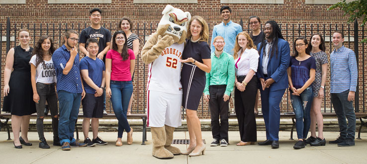 Buster the Bulldog makes his debut at the 2016 Convocation with President Anderson and members of Student Government.