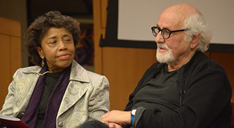 Tania León and Morton Subotnick during a panel discussion at the Brooklyn College Symposium