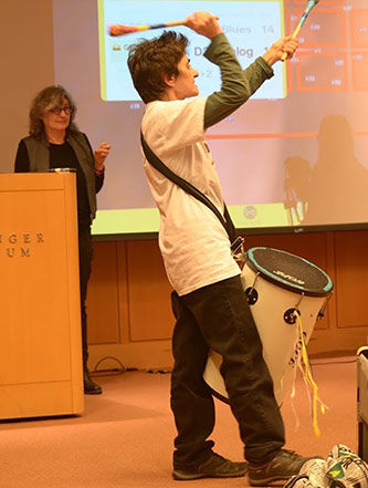 Sherrie Tucker and Leaf Miller lead a workshop on AUMI (Adaptive Use Musical Instruments) at Brooklyn College