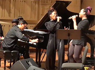 D. D. Jackson (piano), Pauline Jean (vocals), and Joelle Leslie Lewis (vocals) perform <em>Kote Mon Yo</em> with the Brooklyn College Global Jazz Ensemble