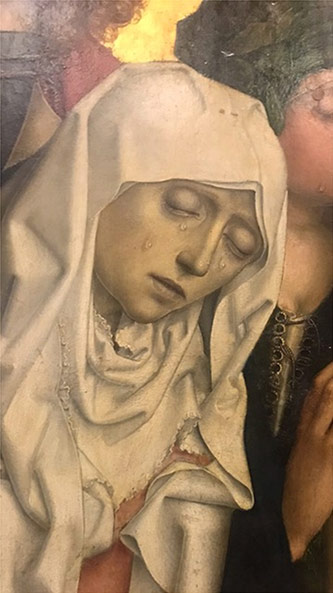Detail from: <em>Master of the Saint Bartholomew Altarpiece, The Descent from the Cross</em>, oil on panel, about 1500 (detail of the Virgin), Musée du Louvre, accession no. INV 1445.