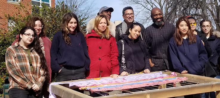 Professor José David Saldívar, 2019 Hess Scholar-in-Residence, with Professor Eto Otitigbe and students in his ARTD 4550, who created an art installation inspired by Saldívar's wirings.