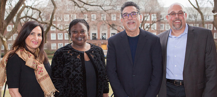 Chair of Modern Languages and Literatures, Professor Vanessa Pérez Rosario, Ethyl R. Wolfe Institute for the Humanities Director Rosamond S. King, Dean Kenneth A. Gould, and Professor José David Saldívar at reception.