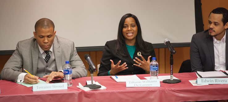 Alumni Terrence Stroud, Deputy Commissioner, NYC Department of Social Services, Tifannie Williams DeGannes, Senior Program Manager, Ford Foundation and Edwin Rivera, Project Coordinator, Brooklyn Navy Yard speaking on a panel.