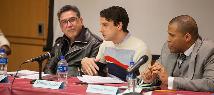 Professor José David Saldívar, 2019 Hess Scholar-in-Residence, Professor Matthew Harrick (Library) and Terrence Stroud, Deputy Commissioner, NYC Department of Social on a panel as part of the Hess Scholar-in-Residence program.