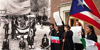 Students demonstrating in front of Boylan Hall to support Puerto Rican and Latino Studies in 1970 and in 2016.