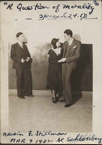 A scene during spring 1932 in Speech 24.1, a course titled 'Dramatic Action' in which scenes and entire plays were produced. The depicted scene is from Percival Wilde's <em>A Question of Morality</em>, a play that was popular with the Little Theatre movement in the 1930s and 1940s.