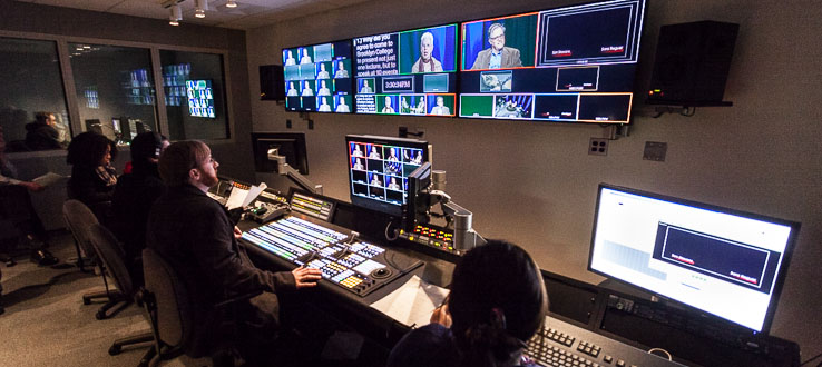 Students call the shots in master control of Studio B in the Emerging Media Innovation Lab.