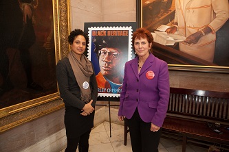 Professor Barbara Winslow (right) with filmmaker Shola Lynch, director of the award-winning documentary <em>Chisholm '72: Unbought and Unbossed</em> at unveiling of Shirley Chisholm Black Heritage stamp at Brooklyn Borough Hall, January 31.