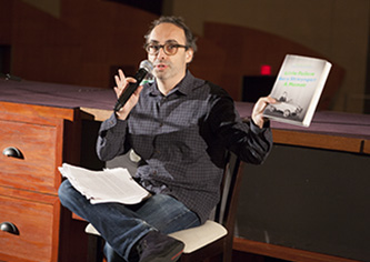 Gary Shteyngart talks to students in The Whitman Auditorium for a First Year Common Reading event.