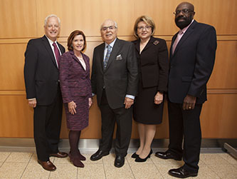 Murray Koppelman '57 with  Brooklyn College President Karen L. Gould and (from left) Vice President for Institutional Advancement Andrew Sillen, Marge Magner '69, and Willie Hopkins, dean of the newly-named Murray Koppelman School of Business.
