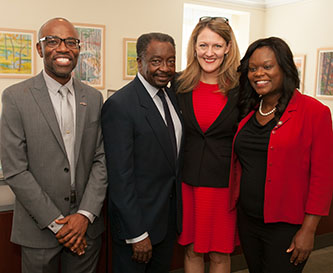 From left: Professor Jean Eddy Saint Paul, Assembly Member Nick Perry, Brooklyn College President Michelle J. Anderson, and Assembly Member Rodneyse Bichotte