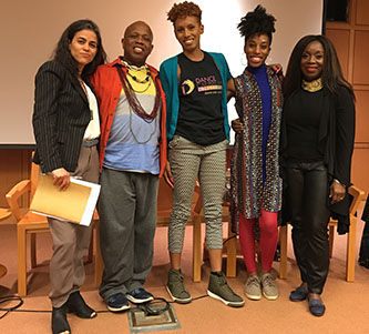 Dance Caribbean Collective town hall panelists, from left: Sita Frederic, Michael Manswell, founder Candace Thompson, Jessica Phoenix, and Valerie McLeod-Katz<br />
 