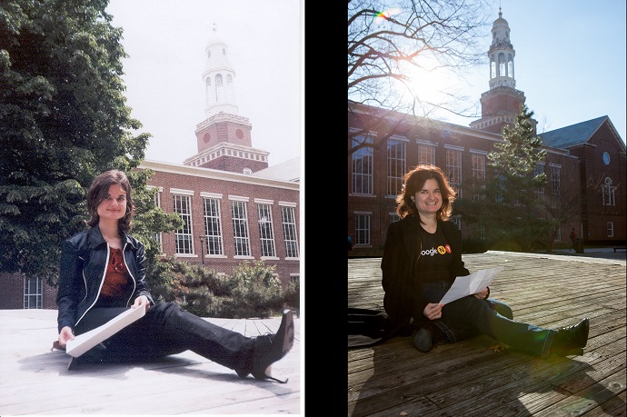 A photo of Felder on the Brooklyn College campus in 2003 recreated in 2018. Original photo provided by Felder. Recent photo and diptych by Craig Stokle.