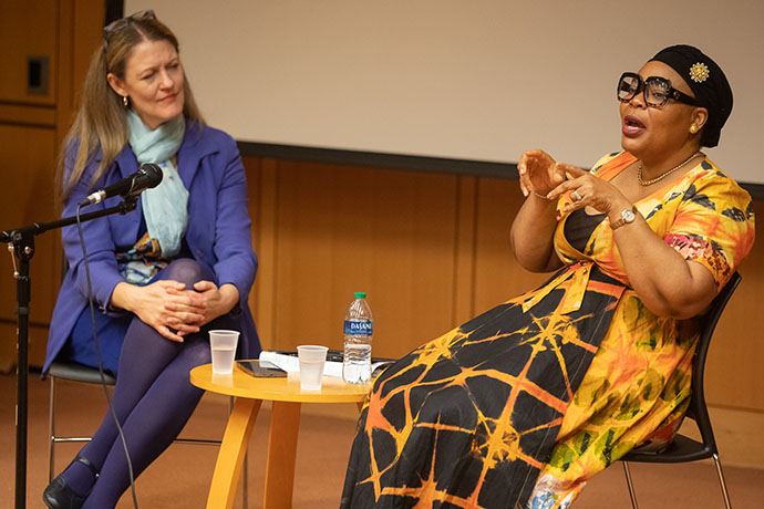 Nobel Laureate Leymah Gbowee, right, with President Michelle J. Anderson.