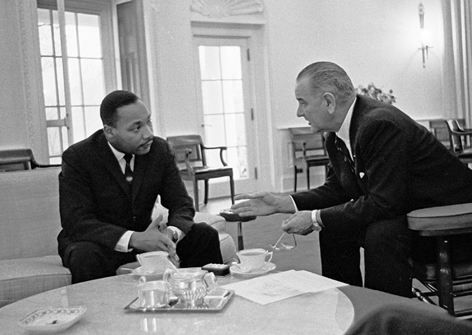 Rev. Martin Luther King Jr. talks with President Lyndon B. Johnson in the Oval Office, White House, Dec. 3, 1963. Photo credit: LBJ Library photo by Yoichi Okamoto. 