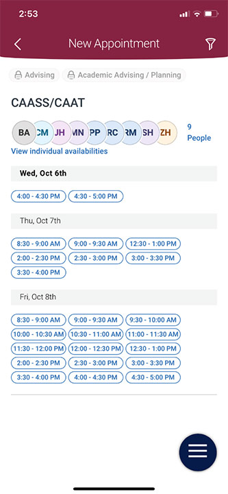 Choose a date and time. If you want to choose a specific advisor click on people and you will get the list of adviser.