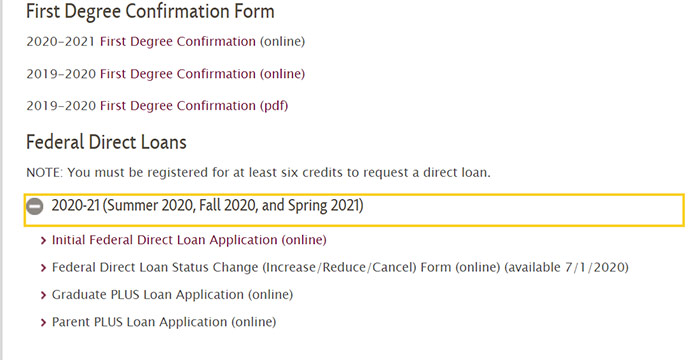 Screenshot of the Brooklyn College Financial Aid Forms Webpage