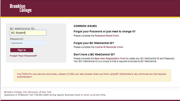 Screenshot of the BC WebCentral Login Portal