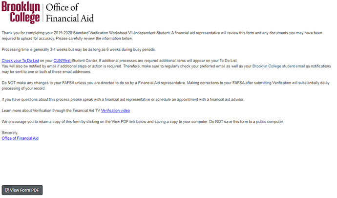 Image of the confirmation page after a form has been submitted. The page includes information about processing times and links for viewing information in CUNYfirst. The bottom left of the page has a gray rectangular View PDF button highlighted.