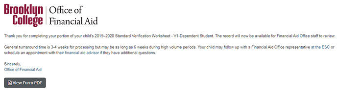 Image of the confirmation page that a dependent student’s parent will receive.